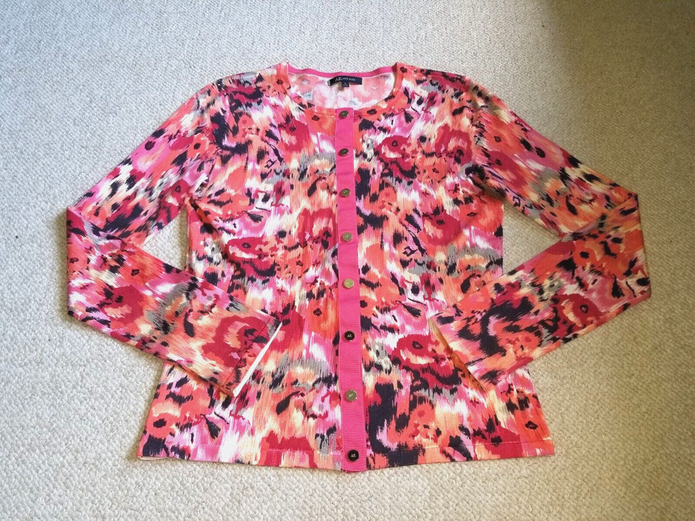 Womens Sweater-ANNE KLEIN-pink/orange floral silk button cardigan Cottagecore-S